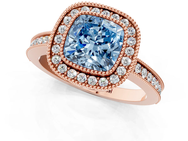 Rose gold Fancy Blue Cushion  Cut Halo Diamond Ring with Pavé Band and Milgrain Prong Setting