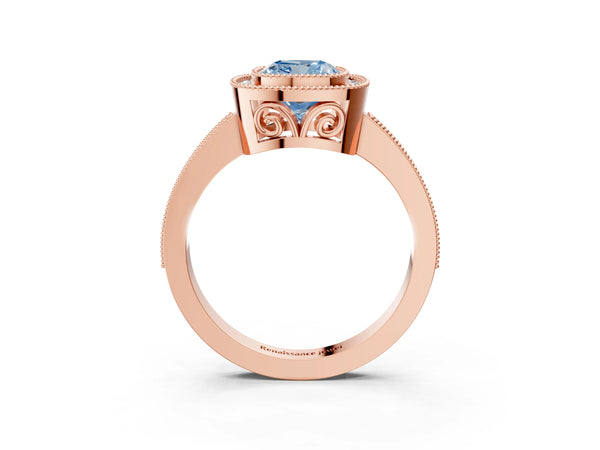 Rose gold Fancy Blue Cushion  Cut Halo Diamond Ring with Pavé Band and Milgrain Prong Setting