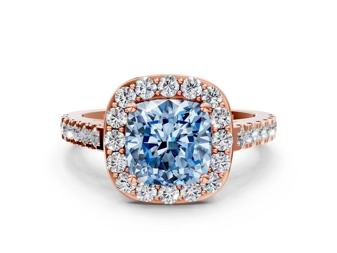 Rose gold Fancy Blue Cushion Cut Halo Diamond Ring with Pavé Band and Three-Prong Setting