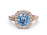 Rose gold Fancy Blue Cushion Cut Halo Diamond Ring with Pavé Band and Three-Prong Setting