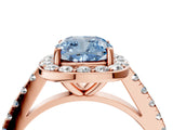 Rose gold Fancy Blue Cushion Cut Halo Diamond Ring with Pavé Band and Three-Prong Setting_4