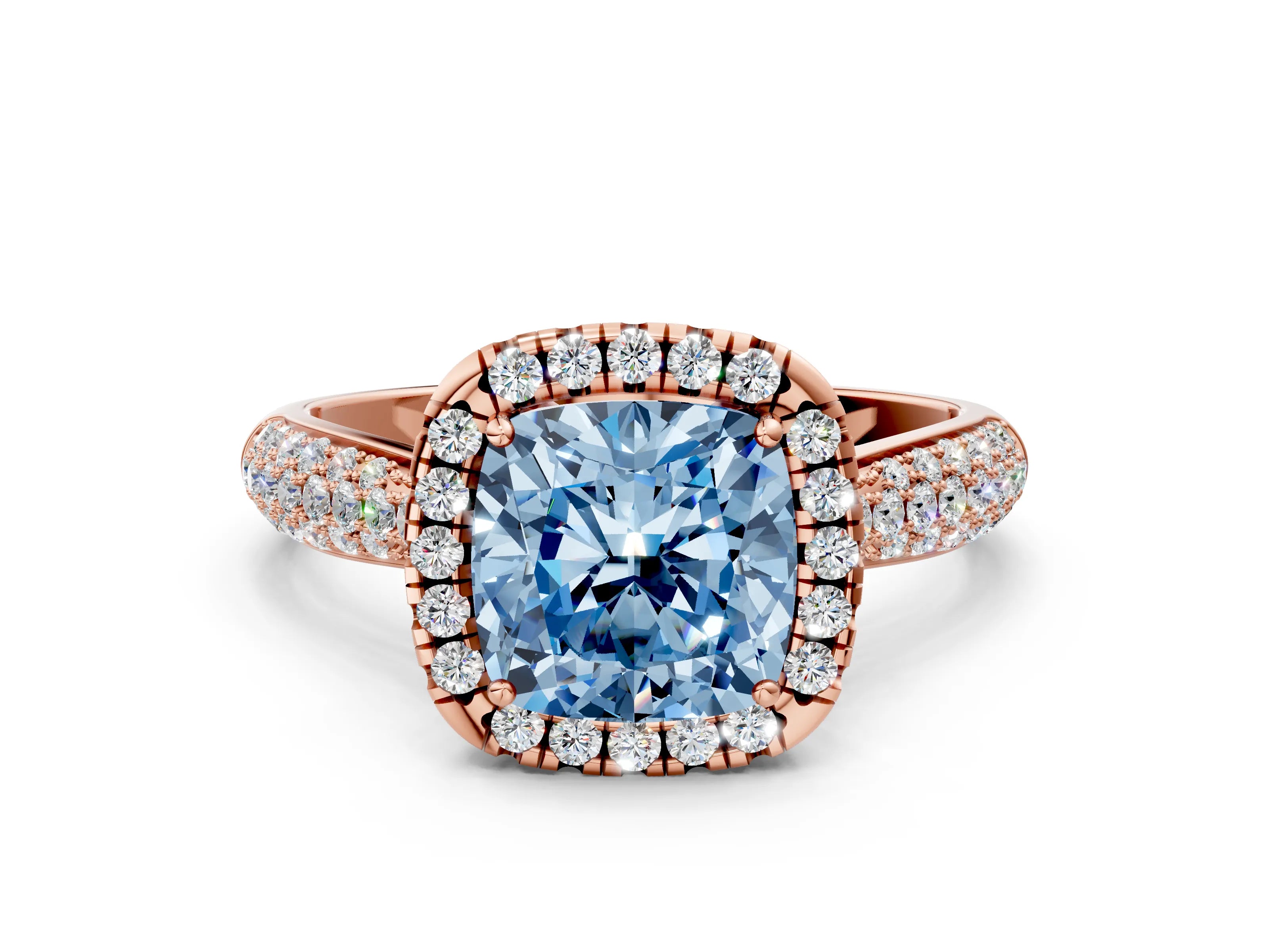 Rose gold Fancy Blue Cushion Cut Halo Diamond Ring with Pavé Band