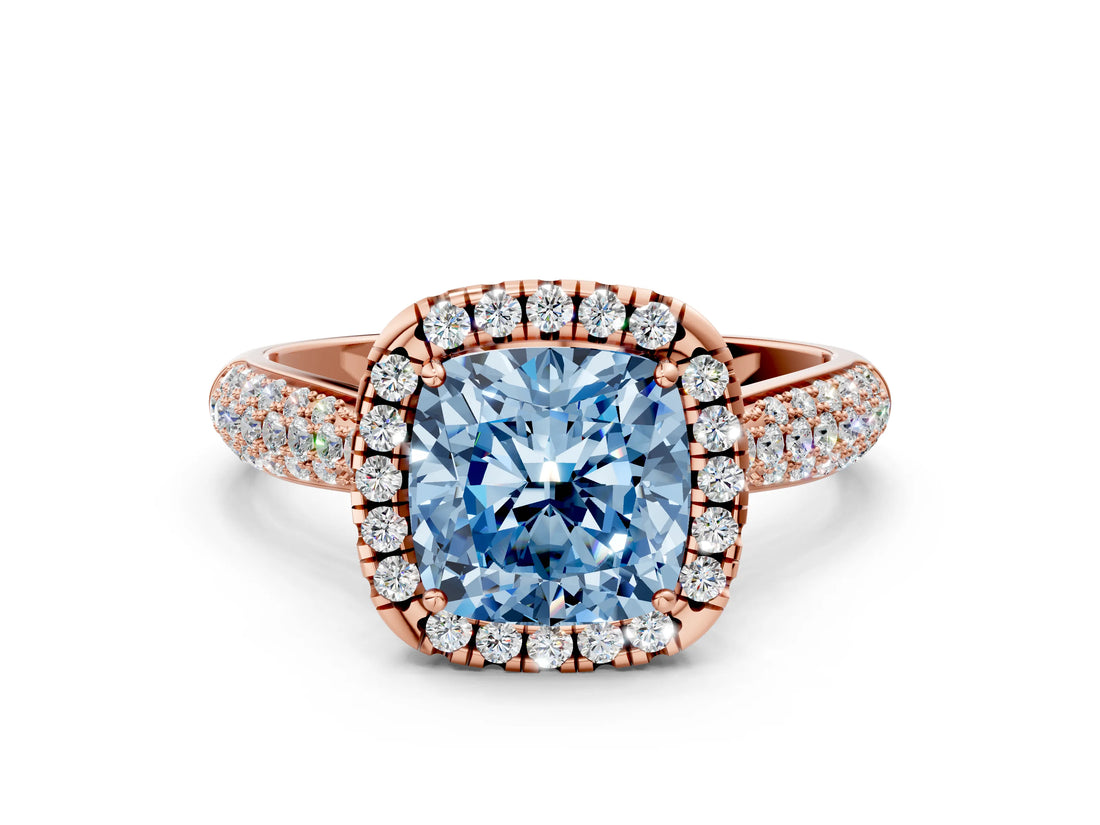 Rose gold Fancy Blue Cushion Cut Halo Diamond Ring with Pavé Band