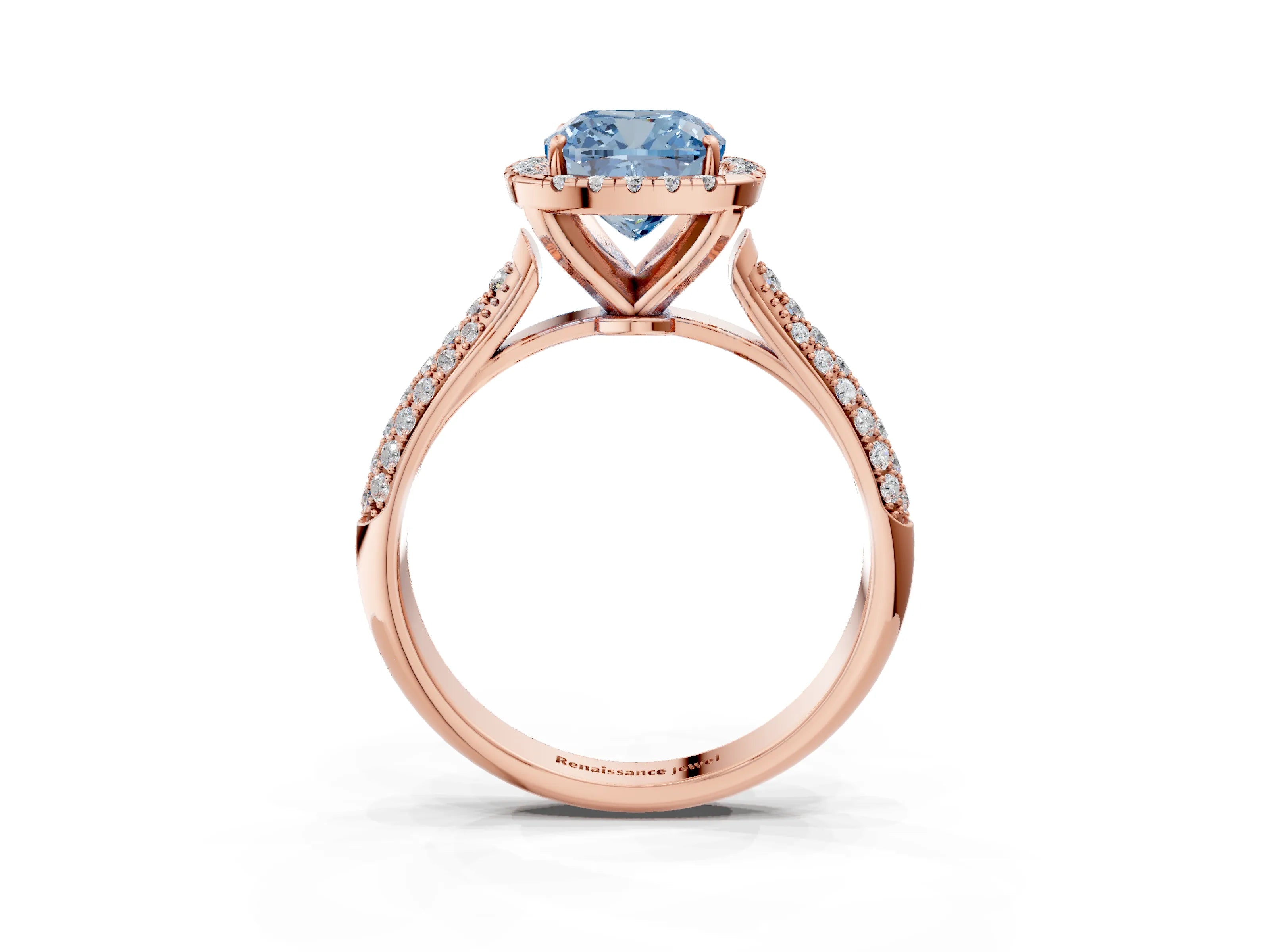 Rose gold Fancy Blue Cushion Cut Halo Diamond Ring with Pavé Band_3