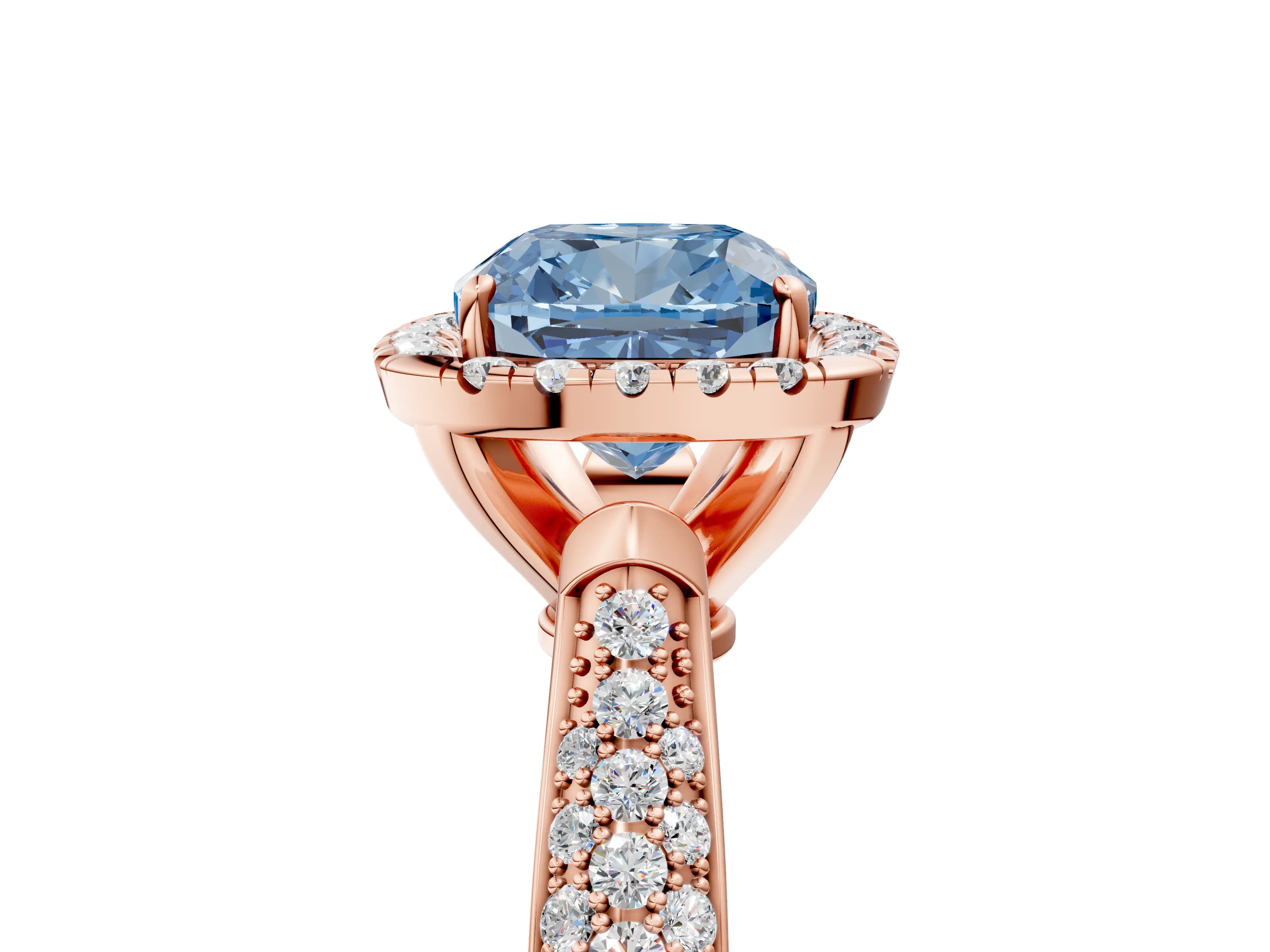 Rose gold Fancy Blue Cushion Cut Halo Diamond Ring with Pavé Band_5