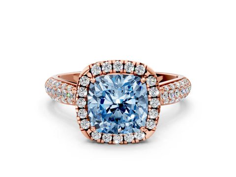 Rose gold Fancy Blue Cushion Cut Halo Diamond Ring with Pavé Band