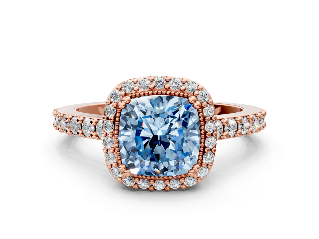 Rose gold Fancy Blue Cushion  Cut Halo Diamond Ring with Pave Band and Four-Prong Setting_24
