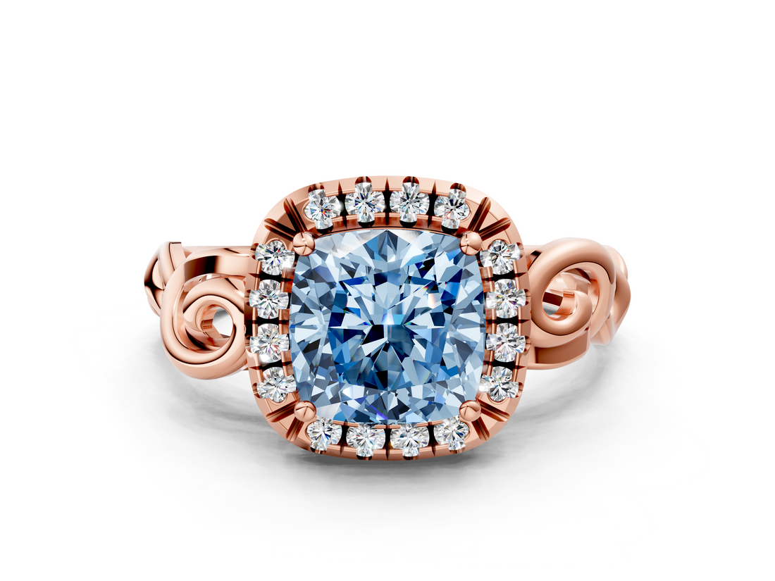 Rose gold Fancy Blue Cushion  Cut Halo Diamond Ring with Scrollwork Band and Four-Prong Setting_118