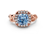 Rose gold Fancy Blue Cushion  Cut Halo Diamond Ring with Scrollwork Band and Four-Prong Setting_118