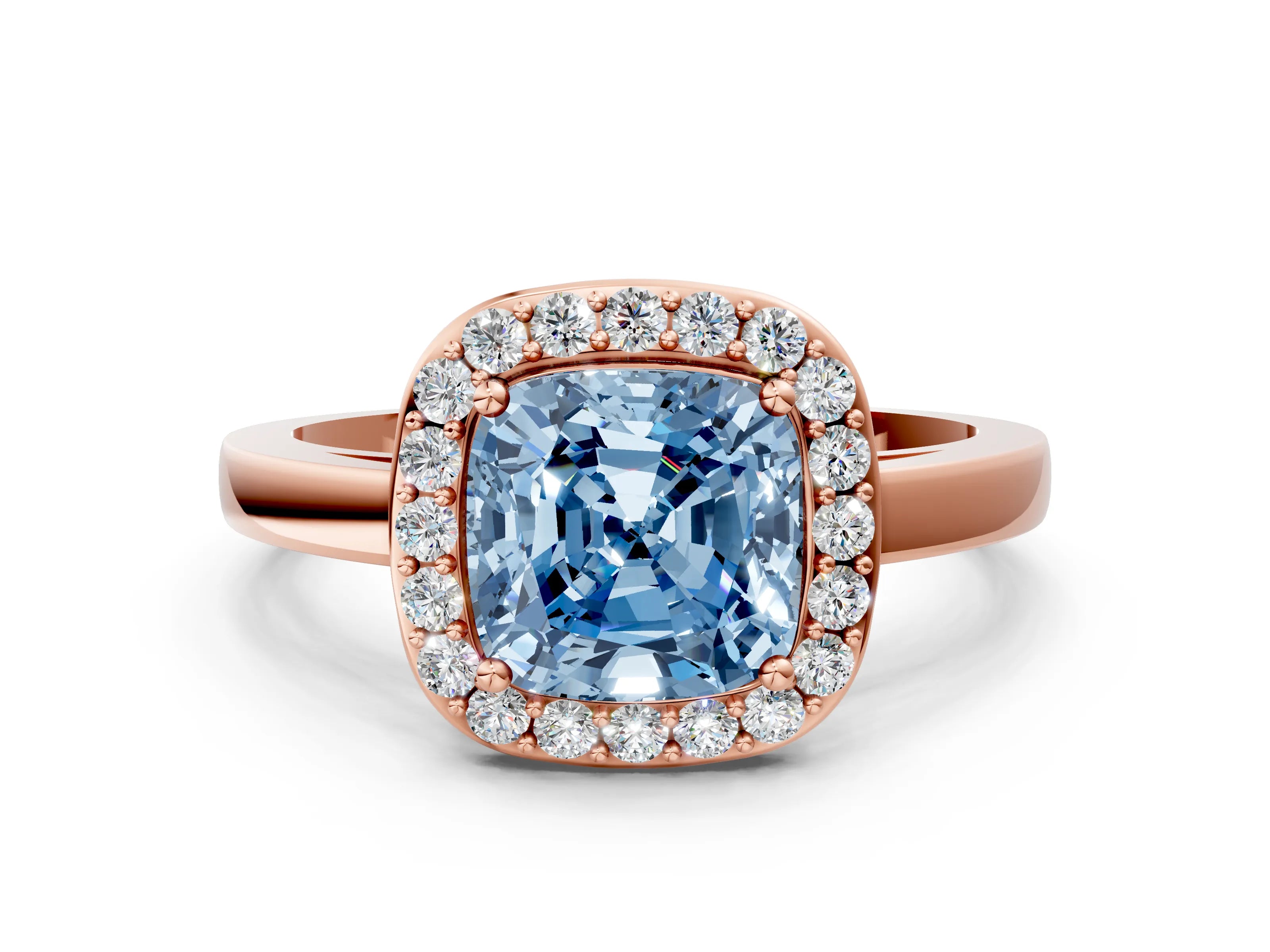 Rose gold Fancy Blue Cushion Cut Halo Diamond Ring with Solitaire Band and Prong Setting
