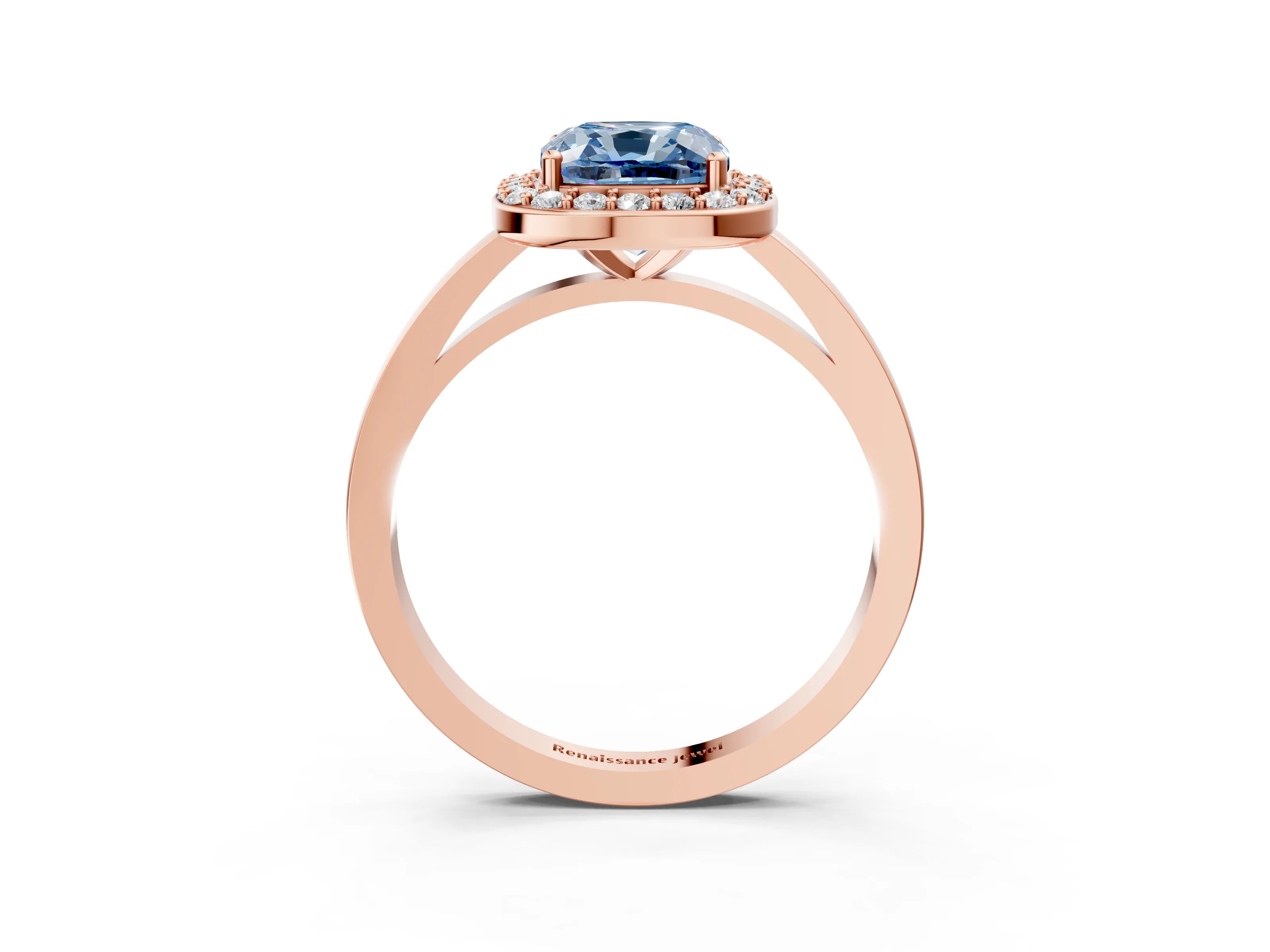 Rose gold Fancy Blue Cushion Cut Halo Diamond Ring with Solitaire Band and Prong Setting_3