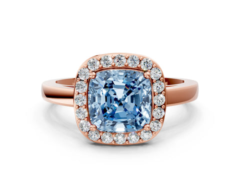 Rose gold Fancy Blue Cushion Cut Halo Diamond Ring with Solitaire Band and Prong Setting