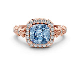 Rose gold Fancy Blue Cushion Cut Halo Diamond Solitaire with Filigree Band and Four-Prong Setting