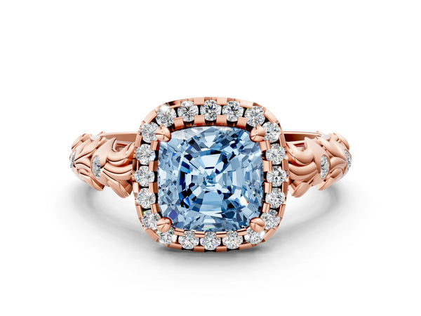 Rose gold Fancy Blue Cushion Cut Halo Diamond Solitaire with Filigree Band and Four-Prong Setting