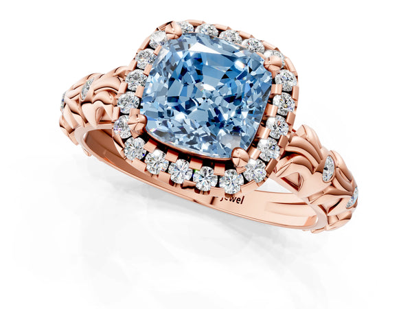 Rose gold Fancy Blue Cushion Cut Halo Diamond Solitaire with Filigree Band and Four-Prong Setting