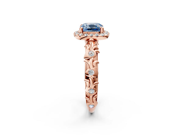 Rose gold Fancy Blue Cushion Cut Halo Diamond Solitaire with Filigree Band and Four-Prong Setting