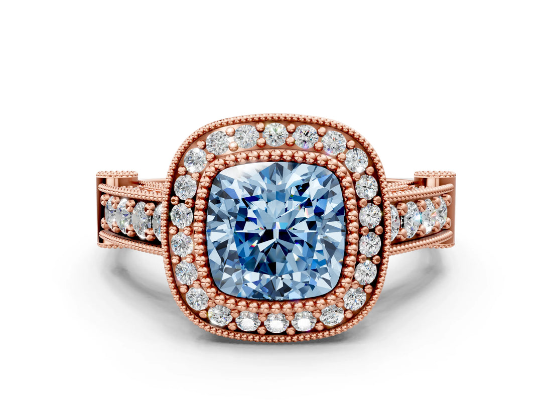 Rose gold Fancy Blue Cushion Cut Halo Diamond Split Shank Pave Ring