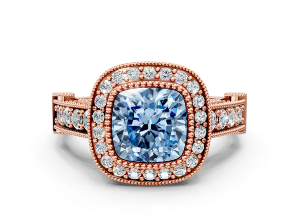 Rose Gold Cushion Cut Vintage Bezel Halo Engagement Ring Setting for Fancy Blue Center