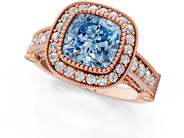 Rose Gold Cushion Cut Vintage Bezel Halo Engagement Ring Setting for Fancy Blue Center