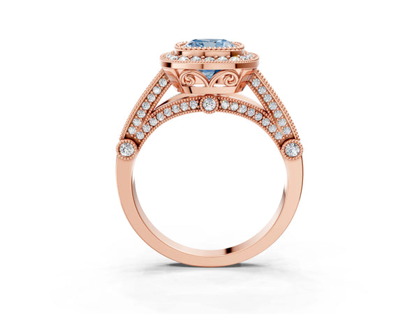 Rose Gold Cushion Cut Vintage Bezel Halo Engagement Ring Setting for Fancy Blue Center