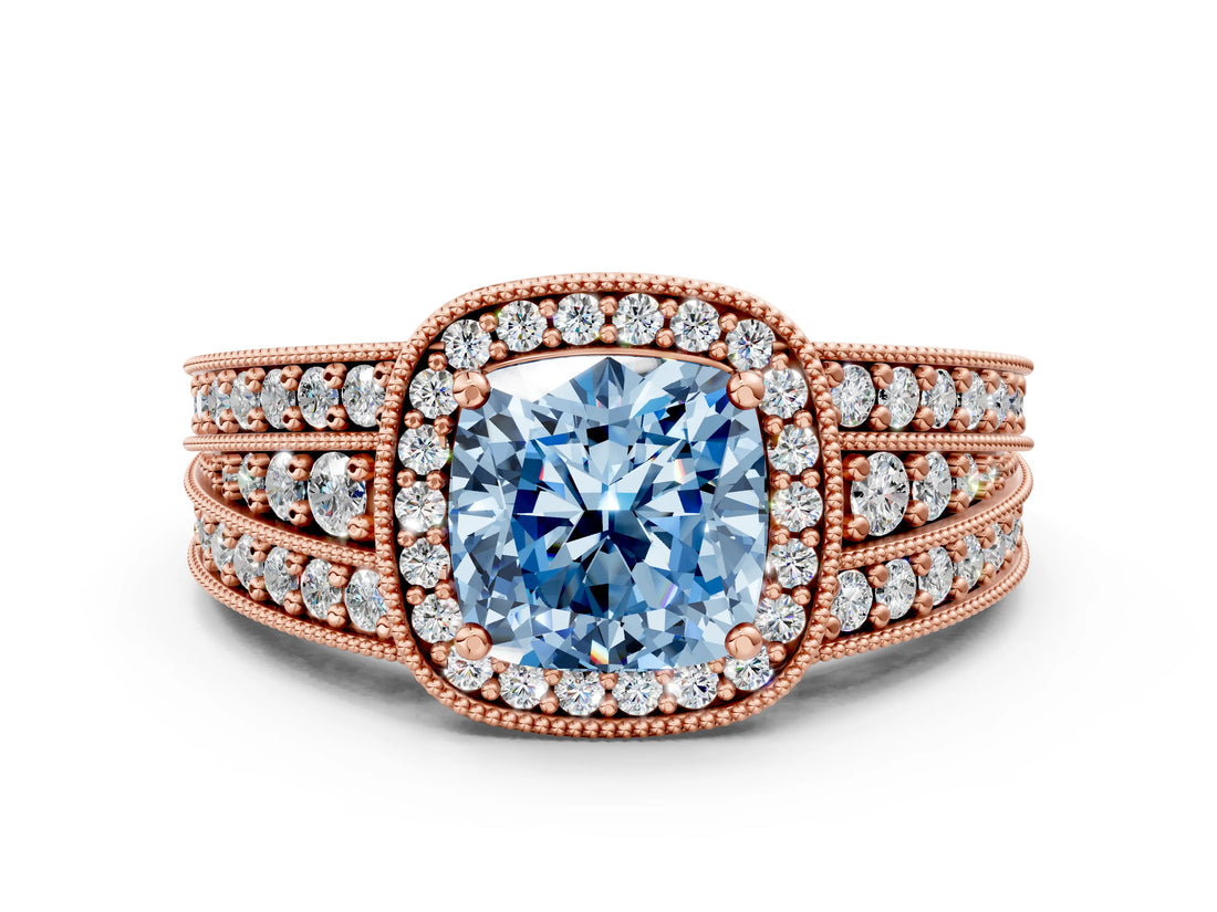 Rose gold Fancy Blue Cushion Cut Halo Diamond Split Shank Ring with Prong Setting