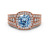 Rose gold Fancy Blue Cushion Cut Halo Diamond Split Shank Ring with Prong Setting
