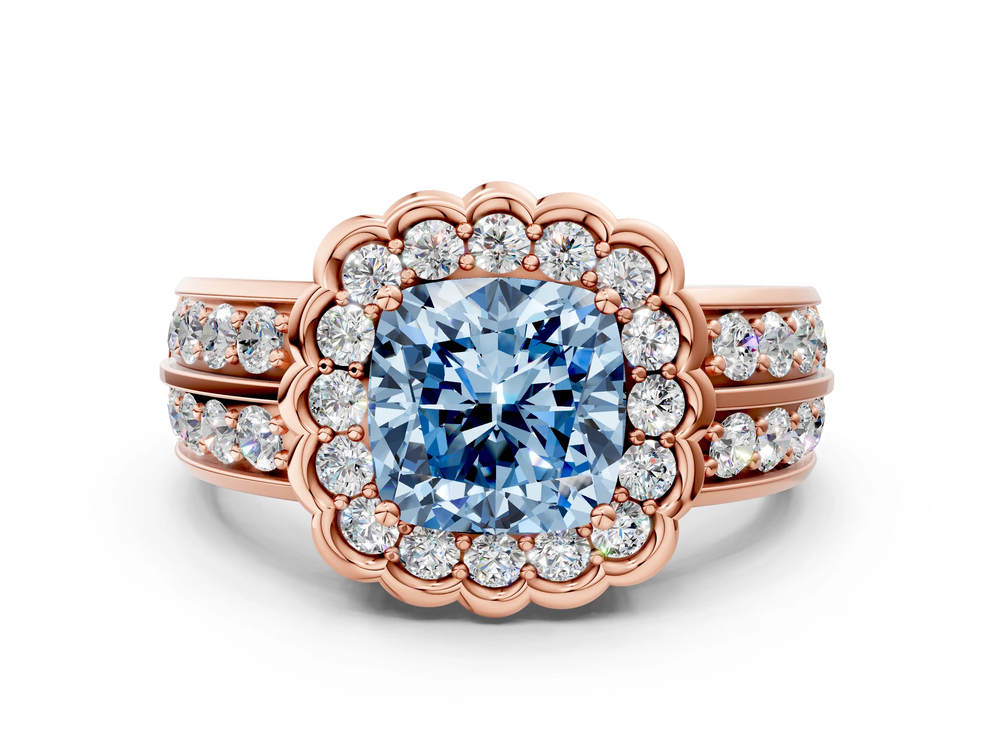 Rose gold Fancy Blue Cushion Cut Halo Diamond Split Shank Ring with Scalloped Prong Setting
