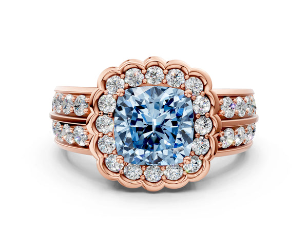 Rose gold Fancy Blue Cushion Cut Halo Diamond Split Shank Ring with Scalloped Prong Setting