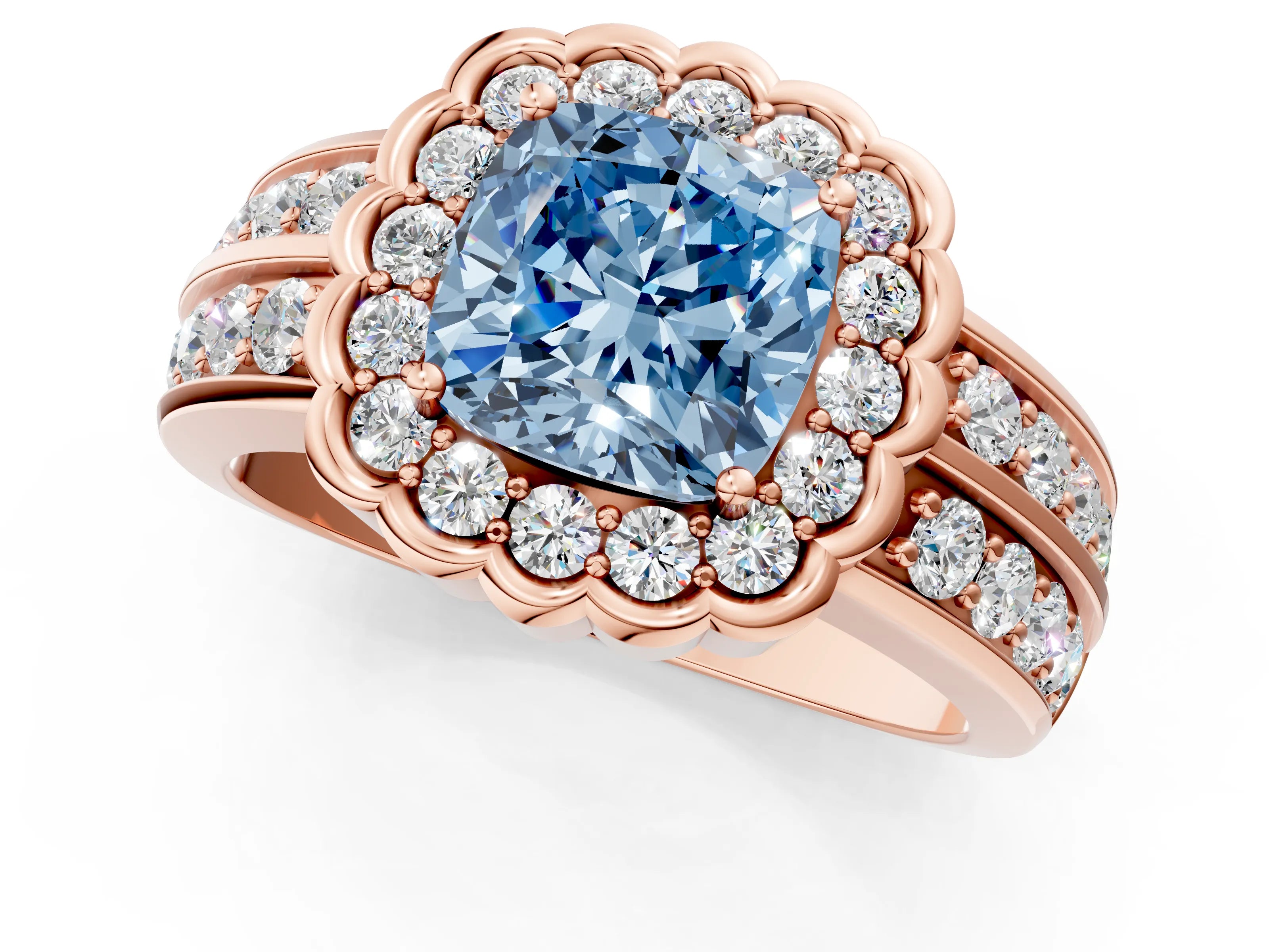 Rose gold Fancy Blue Cushion Cut Halo Diamond Split Shank Ring with Scalloped Prong Setting_1