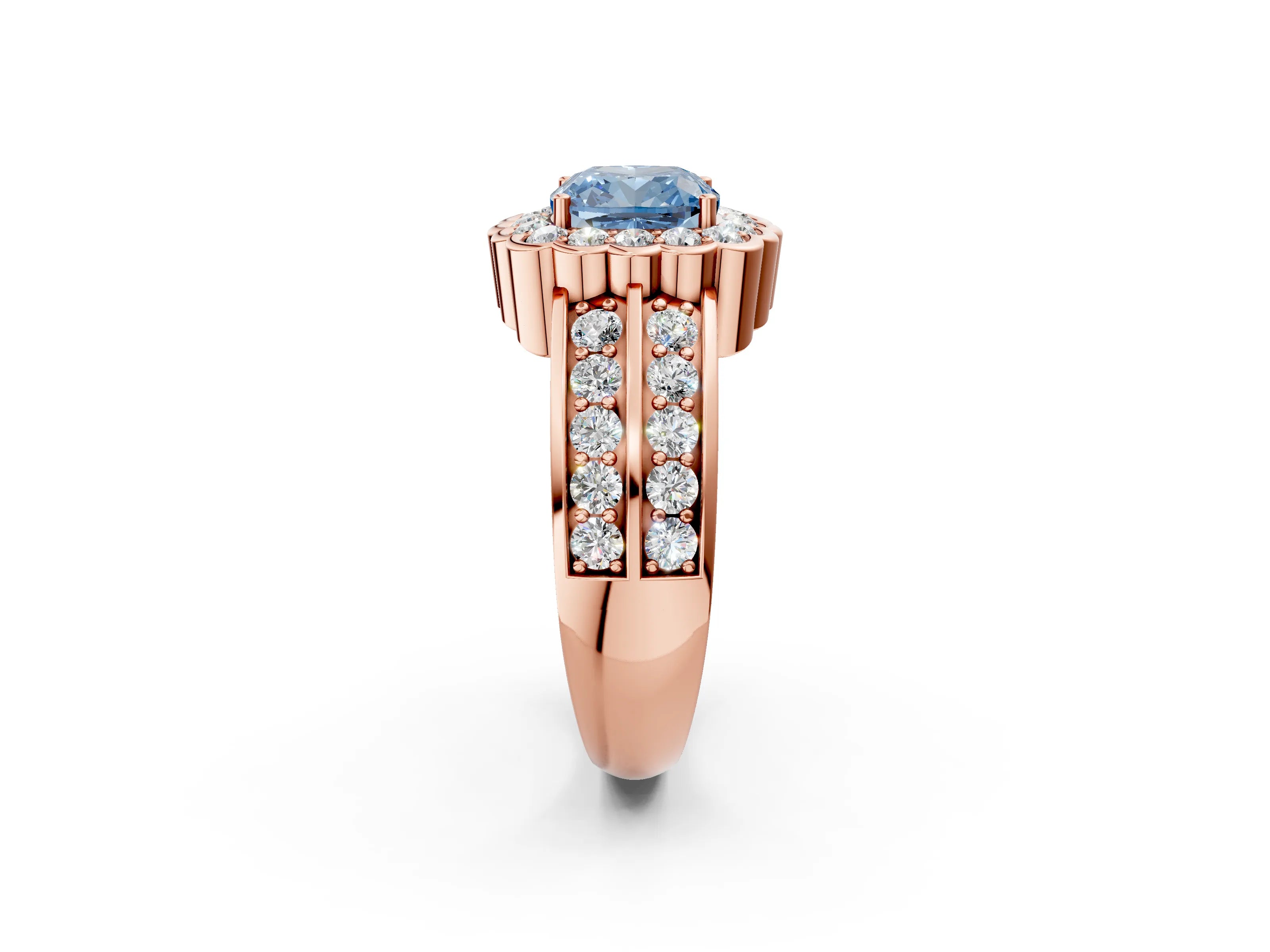 Rose gold Fancy Blue Cushion Cut Halo Diamond Split Shank Ring with Scalloped Prong Setting_2