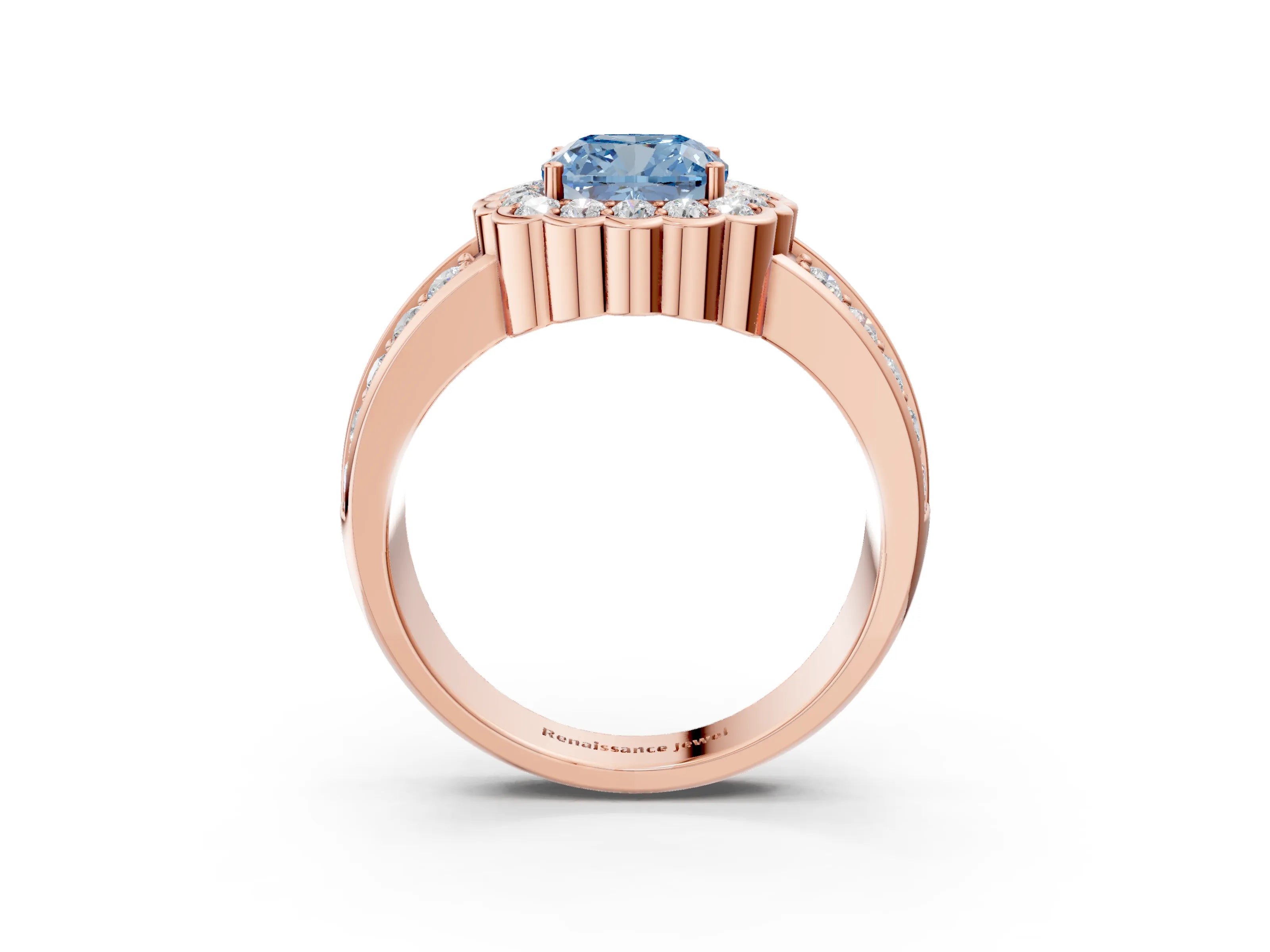 Rose gold Fancy Blue Cushion Cut Halo Diamond Split Shank Ring with Scalloped Prong Setting_3