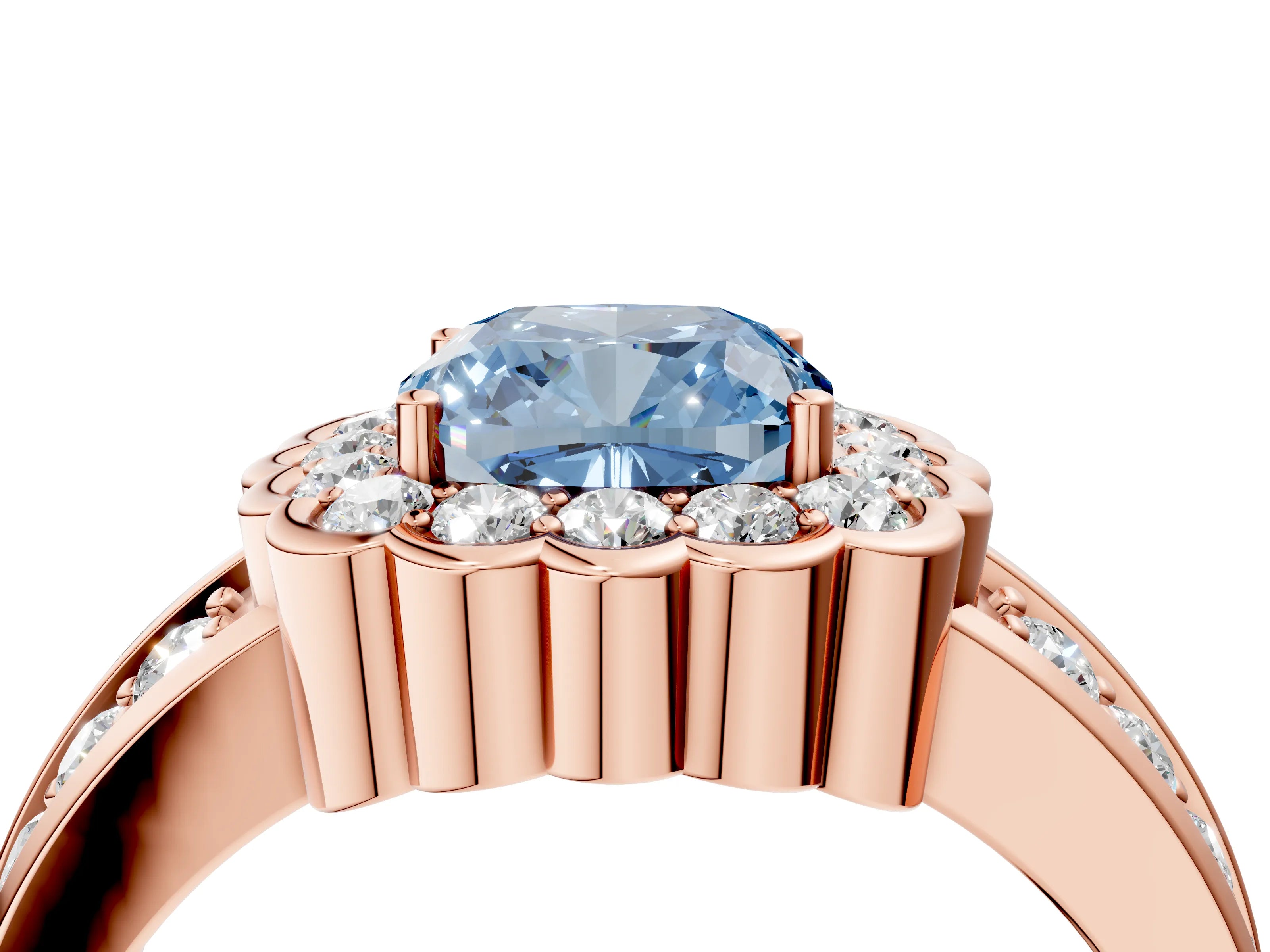 Rose gold Fancy Blue Cushion Cut Halo Diamond Split Shank Ring with Scalloped Prong Setting_4