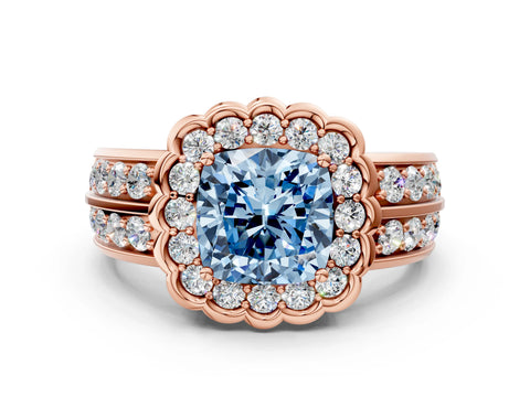 Rose gold Fancy Blue Cushion Cut Halo Diamond Split Shank Ring with Scalloped Prong Setting