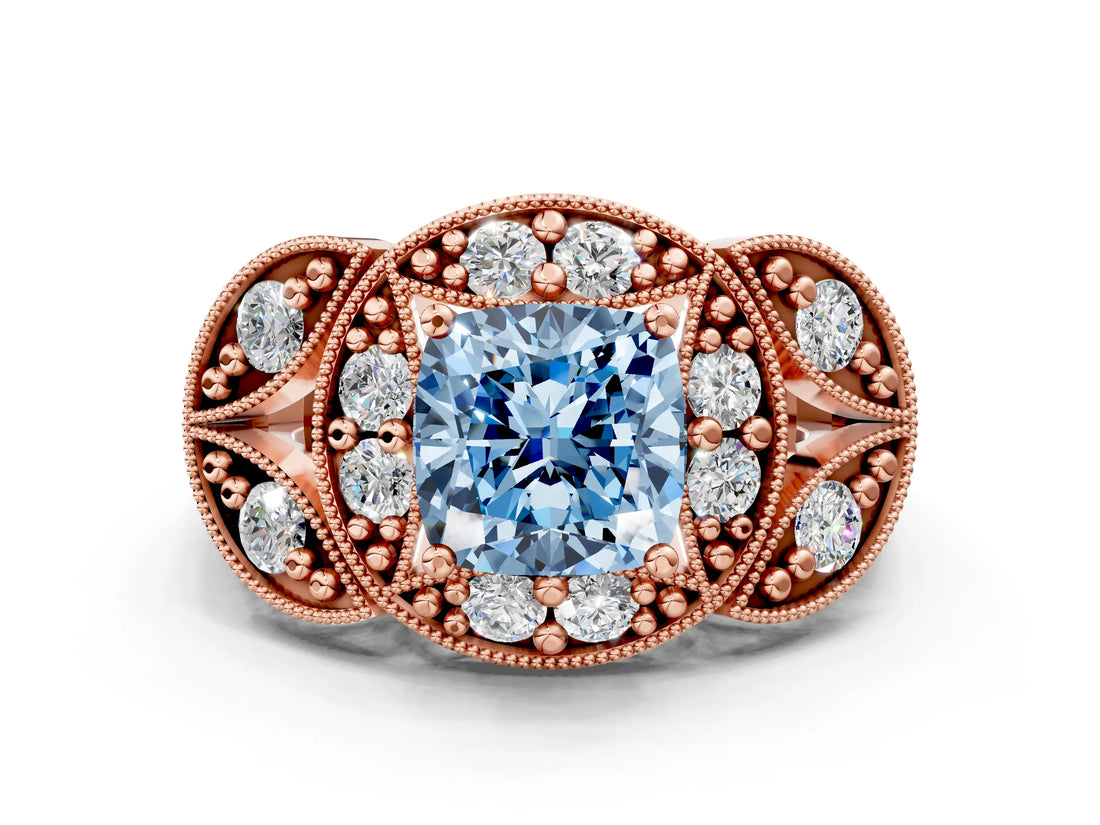 Rose gold Fancy Blue Cushion Cut Halo Milgrain Diamond Engagement Ring with Leaf Band and Four-Prong Setting