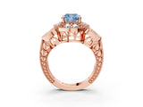 Rose gold Fancy Blue Cushion Cut Halo Milgrain Diamond Engagement Ring with Leaf Band and Four-Prong Setting_3