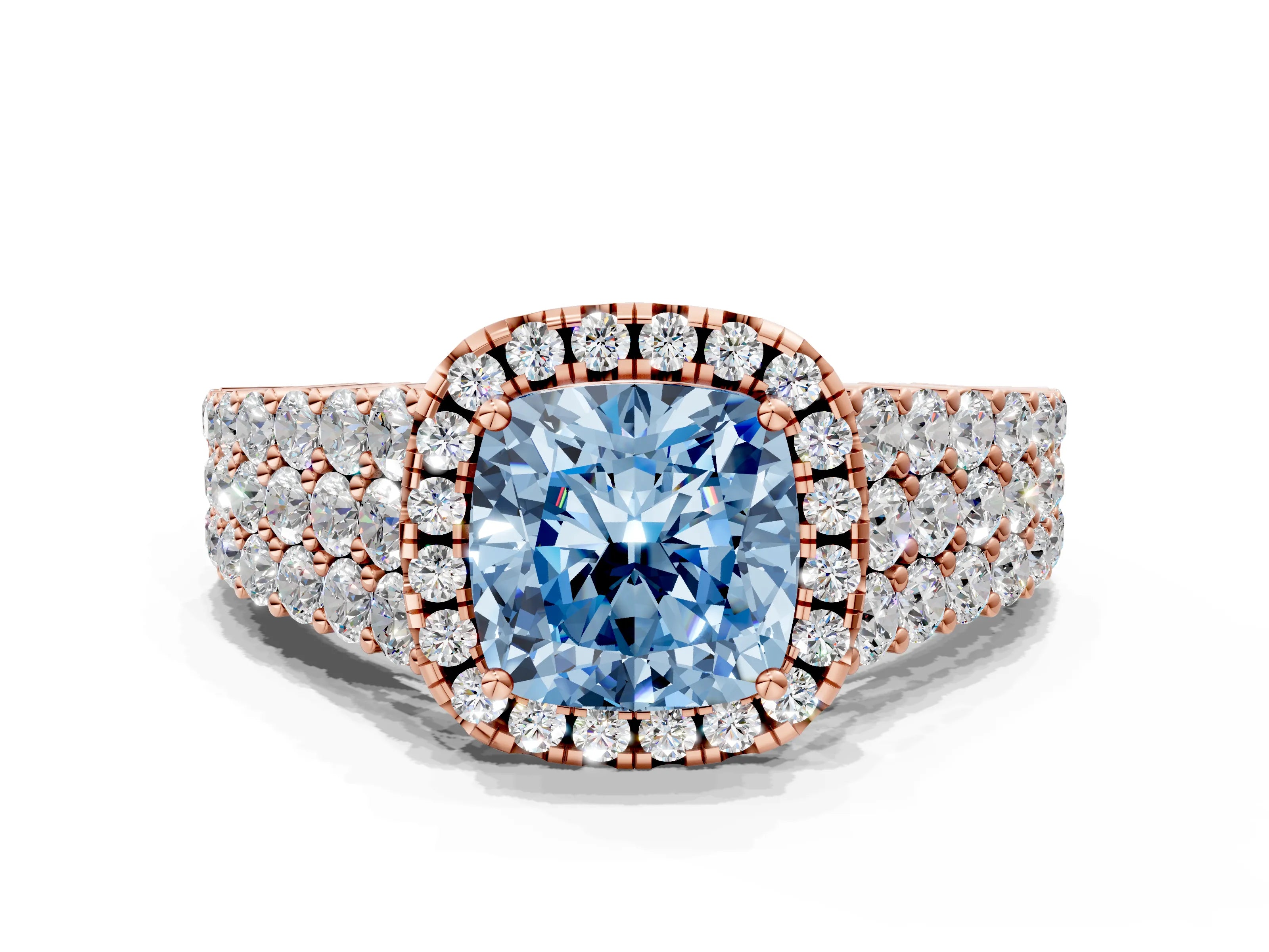 Rose gold Fancy Blue Cushion Cut Halo Pavé Diamond Engagement Ring with Split Shank and Four-Prong Setting_3