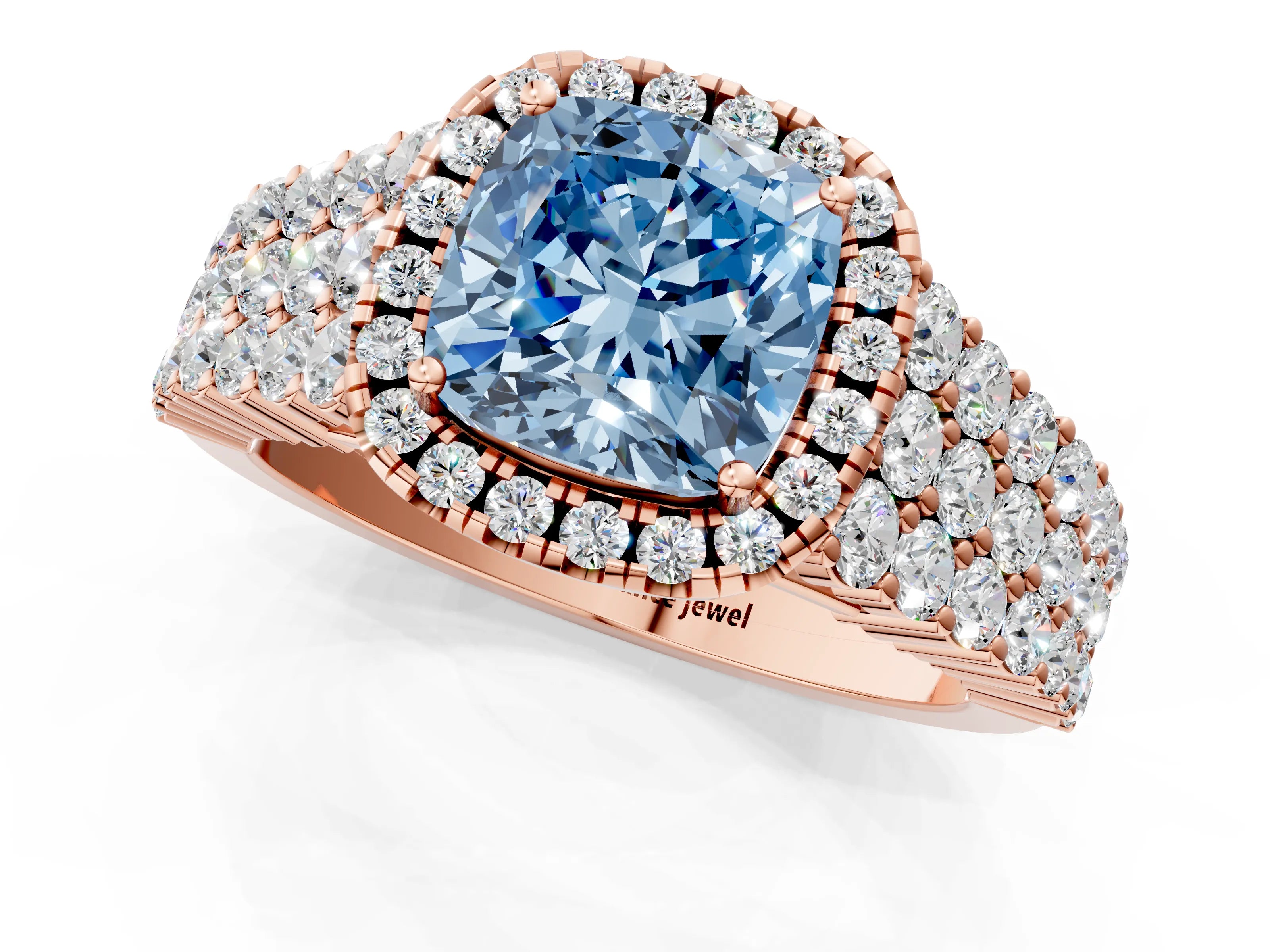 Rose gold Fancy Blue Cushion Cut Halo Pavé Diamond Engagement Ring with Split Shank and Four-Prong Setting_4