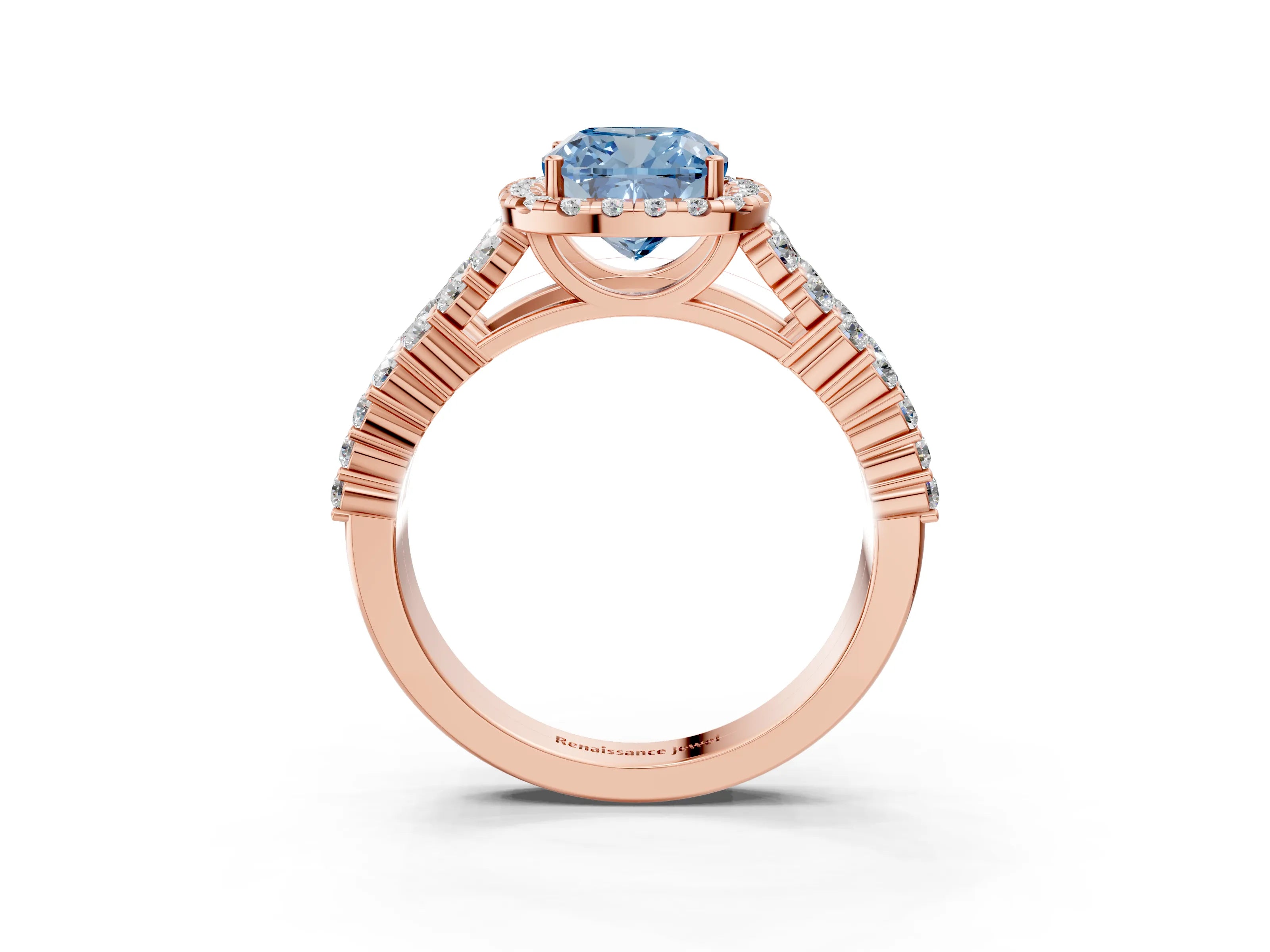Rose gold Fancy Blue Cushion Cut Halo Pavé Diamond Engagement Ring with Split Shank and Four-Prong Setting_6