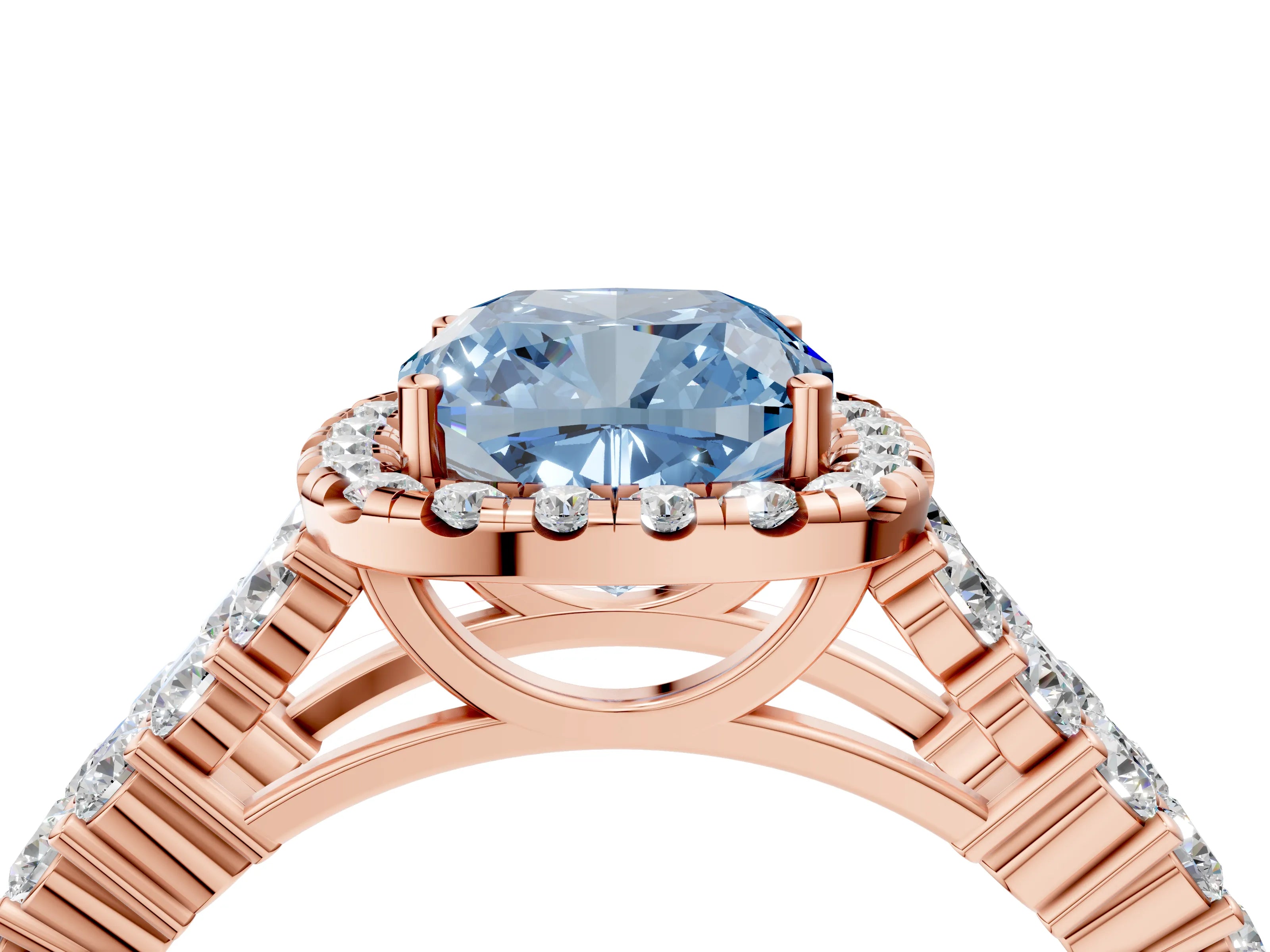 Rose gold Fancy Blue Cushion Cut Halo Pavé Diamond Engagement Ring with Split Shank and Four-Prong Setting_7