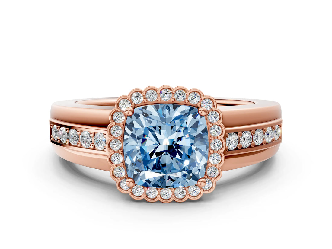 Rose gold Fancy Blue Cushion  Cut Halo Pave Band Four-Prong Ring_48