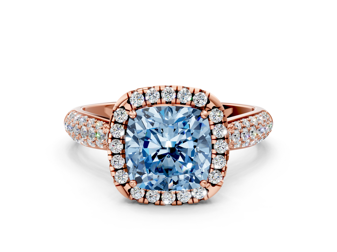 Rose gold Fancy Blue Cushion  Cut Halo Pave Band Four-Prong Setting Ring_36