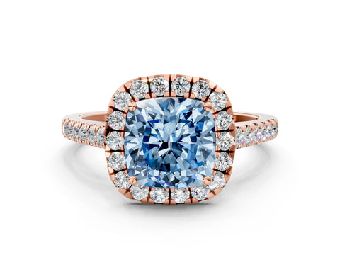 Rose gold Fancy Blue Cushion Cut Halo Pave Diamond Engagement Ring with Four-Prong Setting