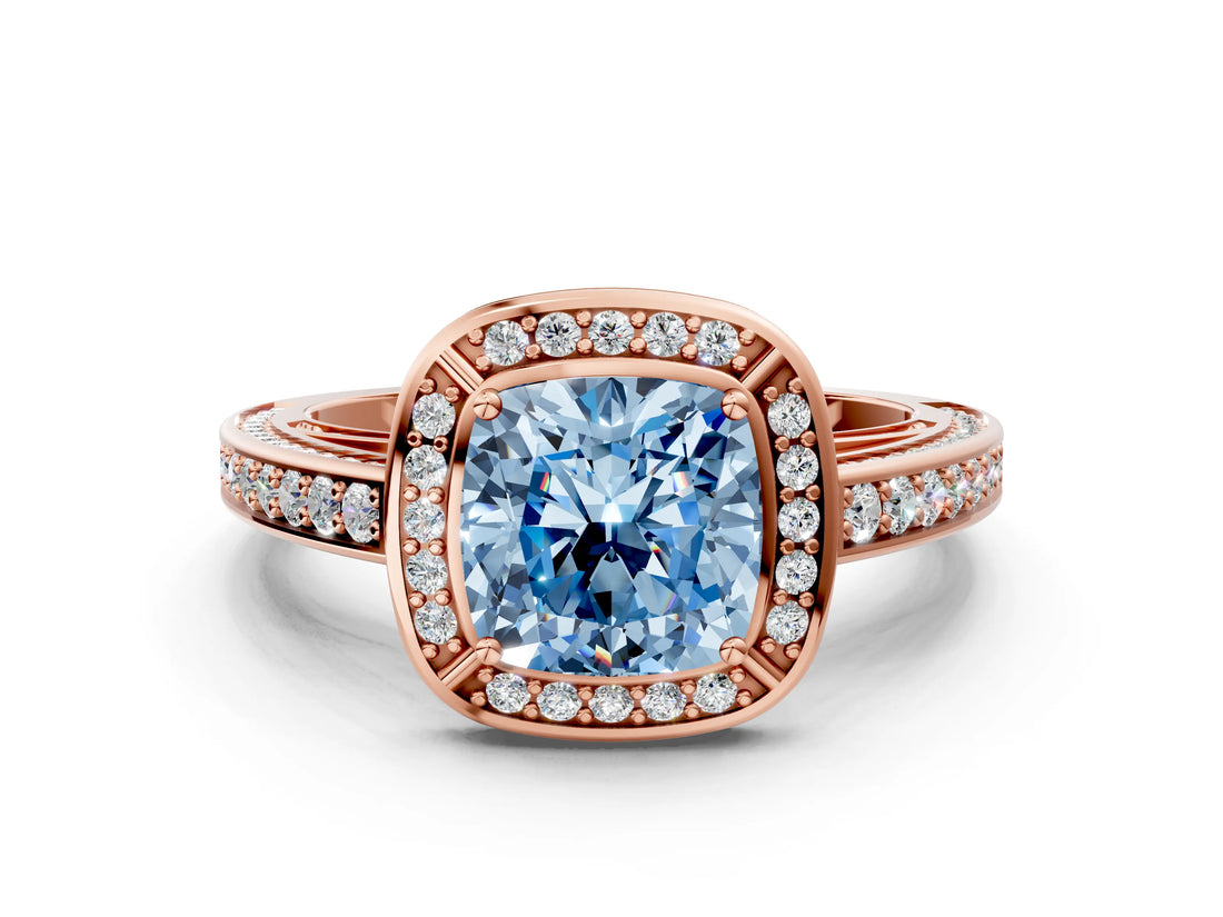 Rose gold Fancy Blue Cushion  Cut Halo Pave Split Shank Prong Setting Ring_32
