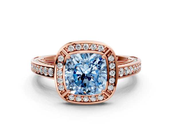 Rose gold Fancy Blue Cushion  Cut Halo Pave Split Shank Prong Setting Ring