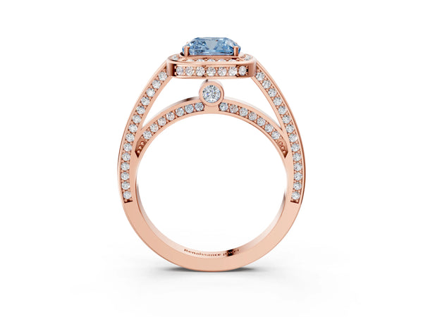 Rose gold Fancy Blue Cushion  Cut Halo Pave Split Shank Prong Setting Ring
