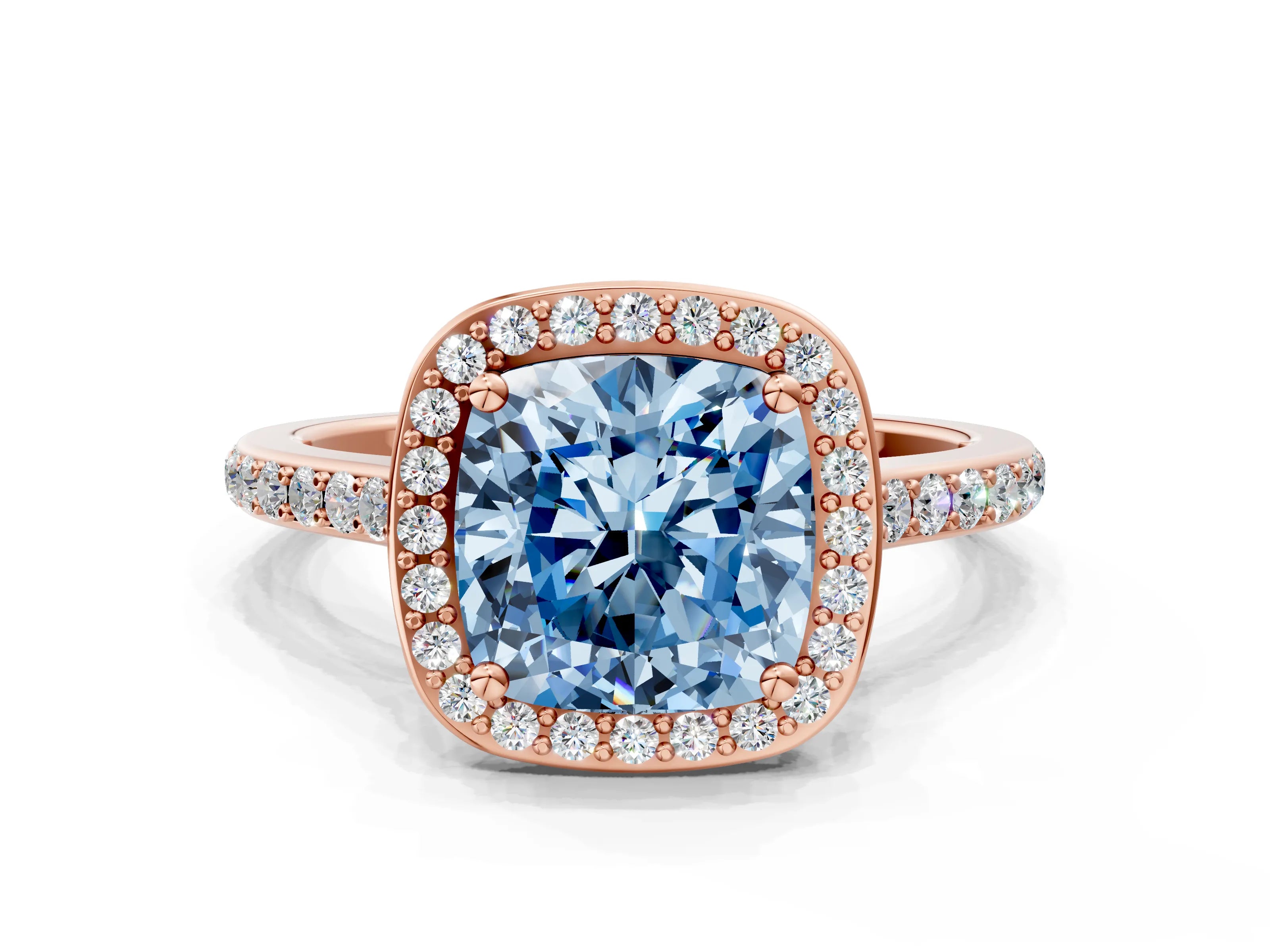 Rose gold Fancy Blue Cushion Cut Halo Round Diamond Pavé Band with Four-Prong Setting_3