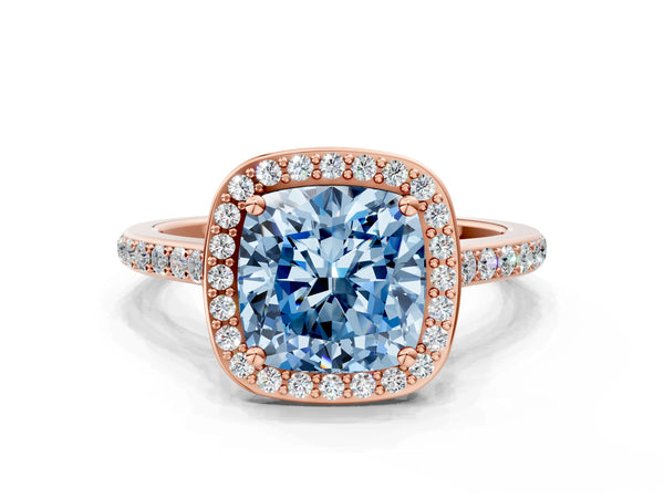 Rose gold Fancy Blue Cushion Cut Halo Round Diamond Pavé Band with Four-Prong Setting
