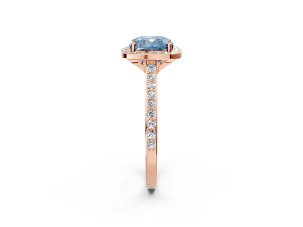 Rose gold Fancy Blue Cushion Cut Halo Round Diamond Pavé Band with Four-Prong Setting