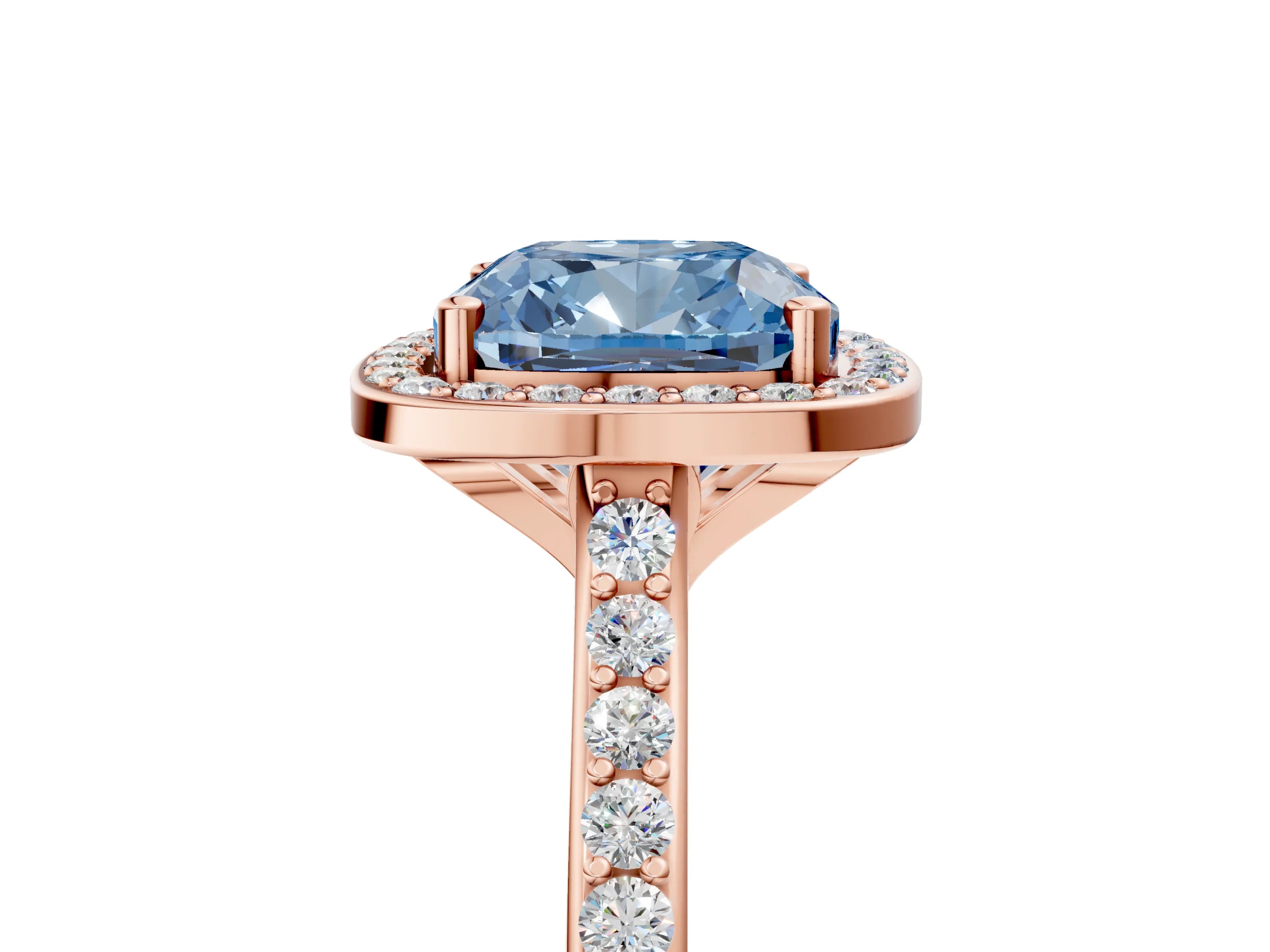 Rose gold Fancy Blue Cushion Cut Halo Round Diamond Pavé Band with Four-Prong Setting_8