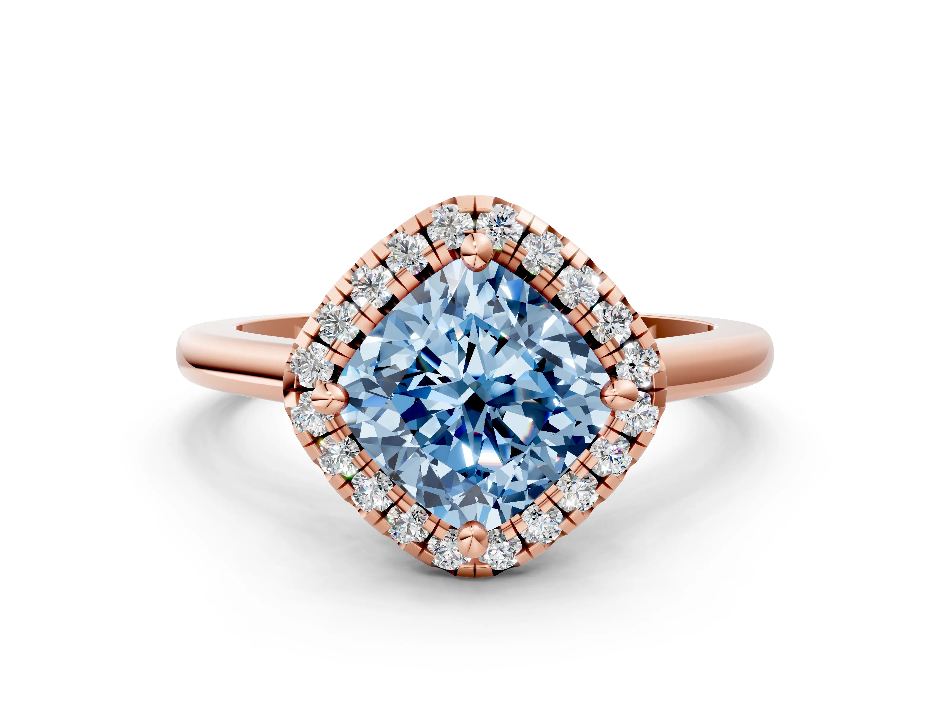 Rose gold Fancy Blue Cushion Cut Halo Round Diamond Solitaire Engagement Ring with Pave Band and Four-Prong Setting_12